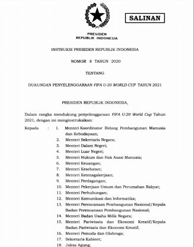 Presiden Teken Inpres Dukungan Penyelenggaraan FIFA U-20 World Cup Tahun 2021