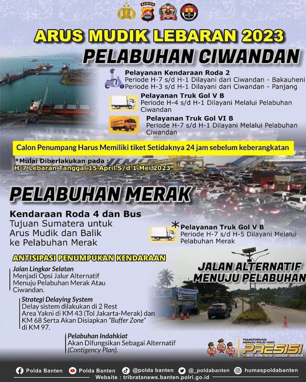 Antisipasi Penumpukan Kendaraan, Polda Banten Siapkan Pelabuhan Ciwandan dan Merak pada Arus Mudik Lebaran 2023