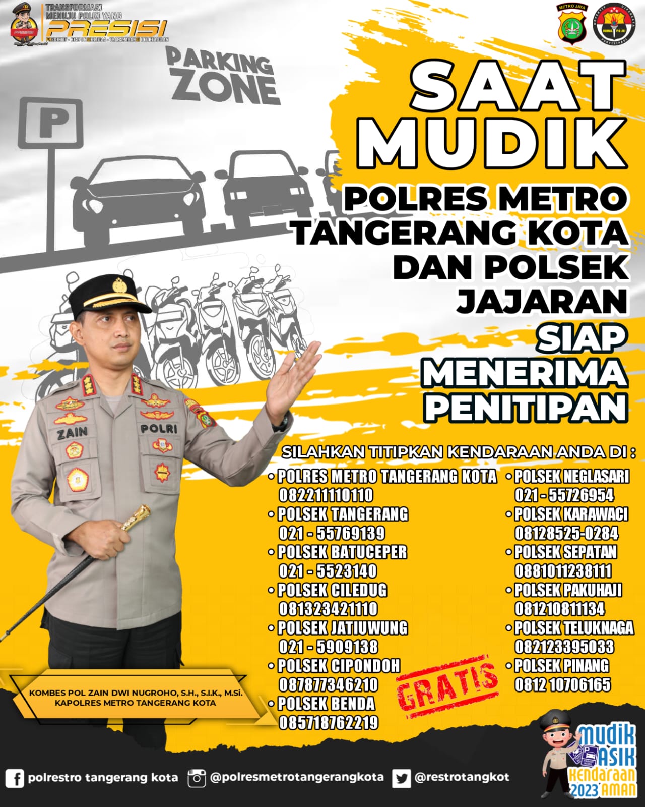 Warga Dapat Menitipkan Kendaraan Secara Gratis di Polres Metro Tangerang Kota Selama Lebaran