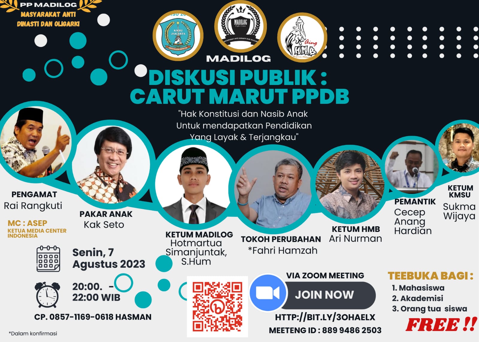 MADILOG Akan Gelar Diskusi : Carut Marut PPDB, Bersama Para Tokoh Nasional